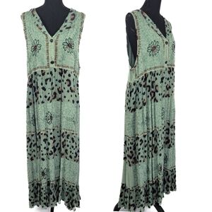 Embroidered Animal Print Green Boho Western Sleeveless Maxi Dress